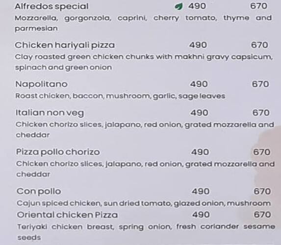 Alfredo's menu