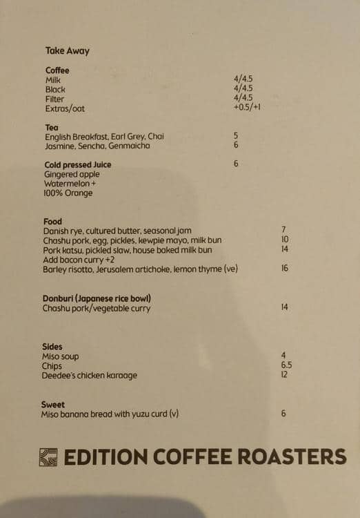 Carta del café Edition Coffee Roasters, Darlinghurst, 265 Liverpool St