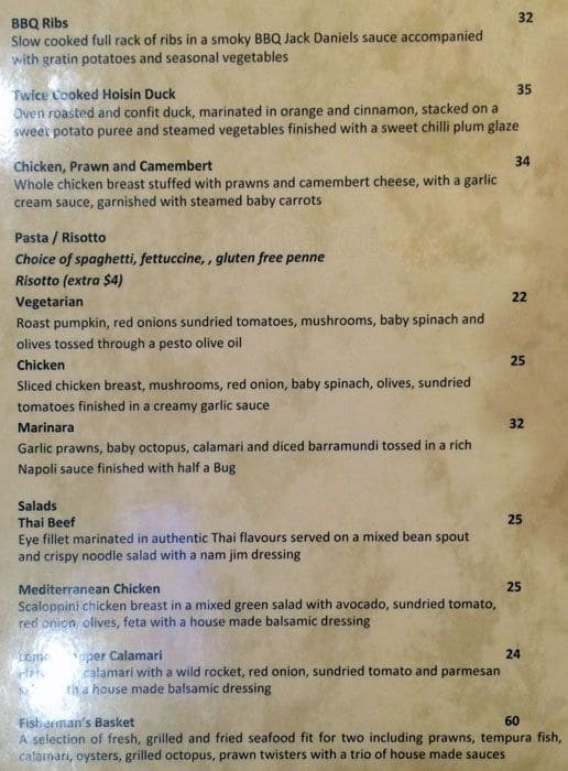 Menu at The Point restaurant, Gold Coast