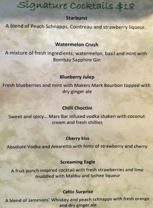 Menu at The Point restaurant, Gold Coast