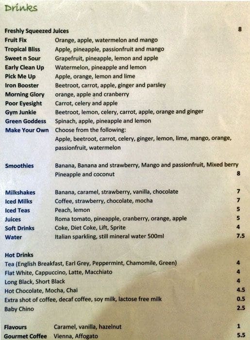 Menu at The Point restaurant, Gold Coast