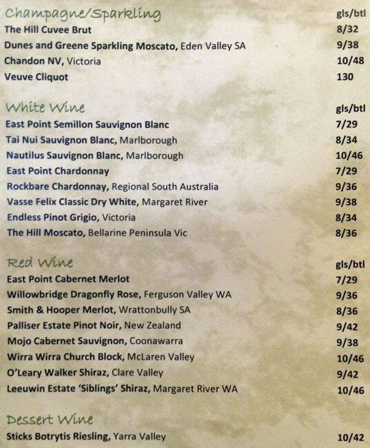 Menu at The Point restaurant, Gold Coast