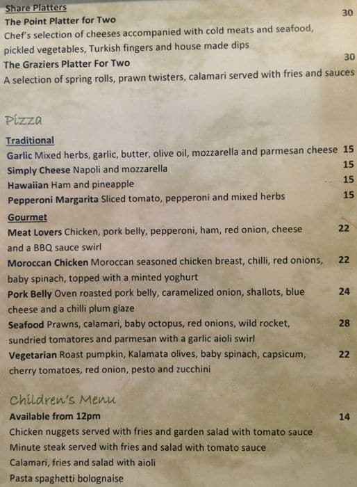 Menu at The Point restaurant, Gold Coast