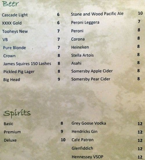 Menu at The Point restaurant, Gold Coast