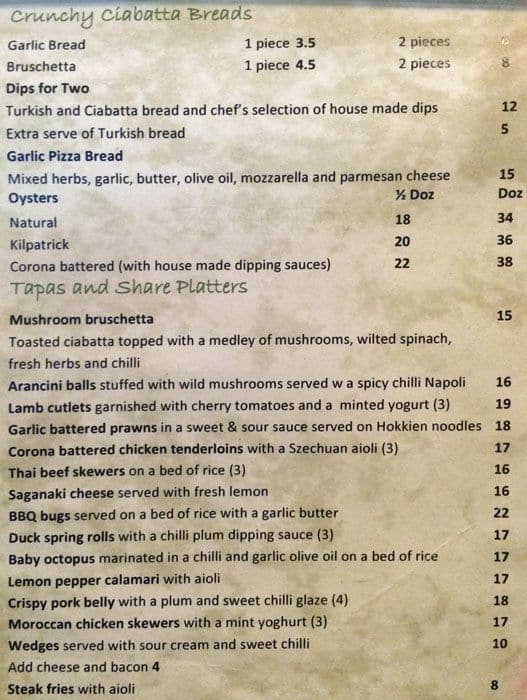 Menu at The Point restaurant, Gold Coast