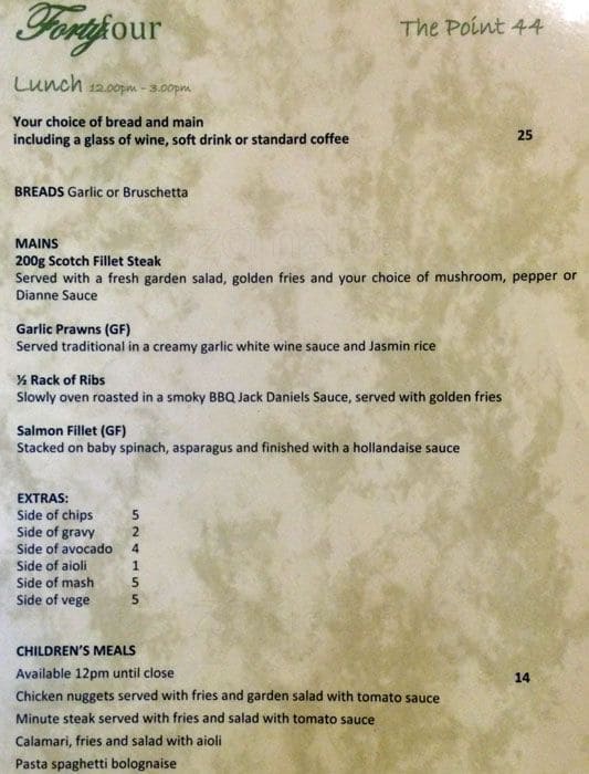 Menu at The Point restaurant, Gold Coast