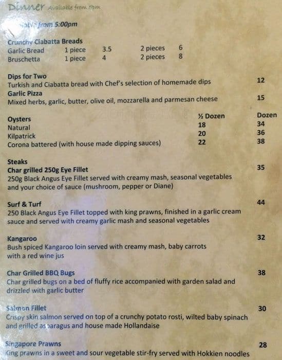 Menu at The Point restaurant, Gold Coast