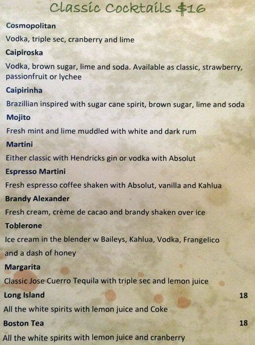 Menu at The Point restaurant, Gold Coast