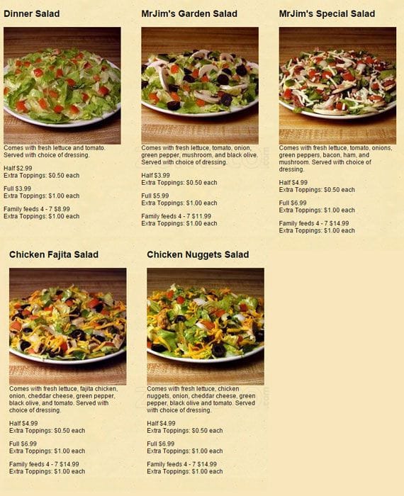 Menu at Mr Jim's Pizza restaurant, Spring