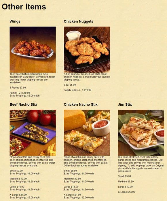 Menu at Mr Jim's Pizza restaurant, Spring