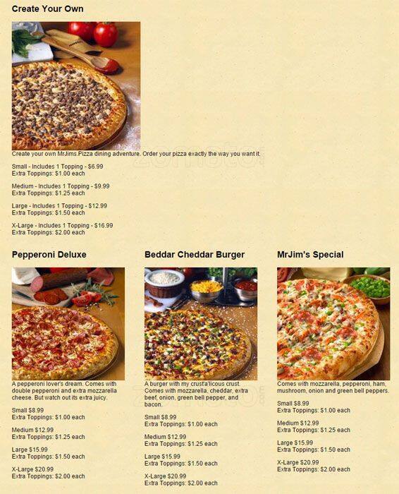 Menu at Mr Jim's Pizza restaurant, Spring