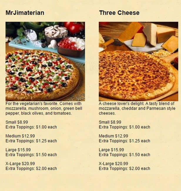 Menu at Mr Jim's Pizza restaurant, Spring