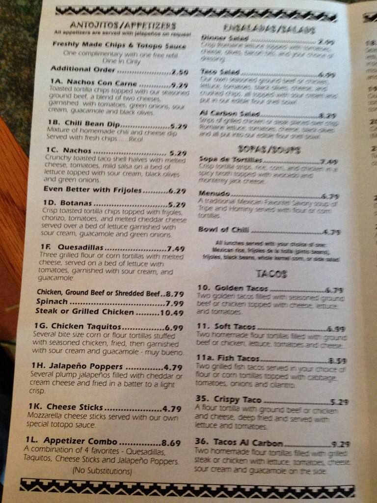 Carmelitas Mexican Restaurant Menu