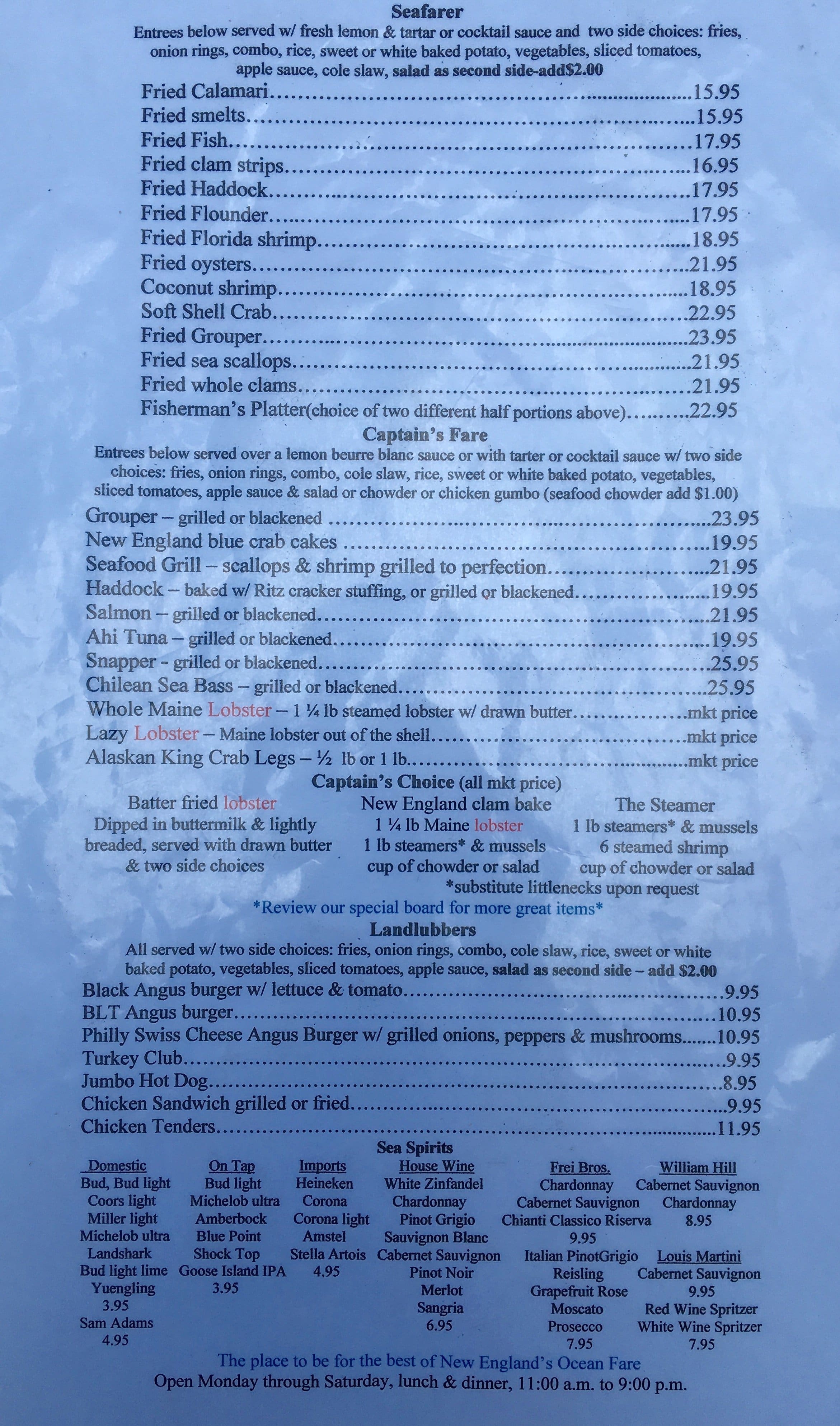 Menu at Steamers of Naples restaurant, Naples