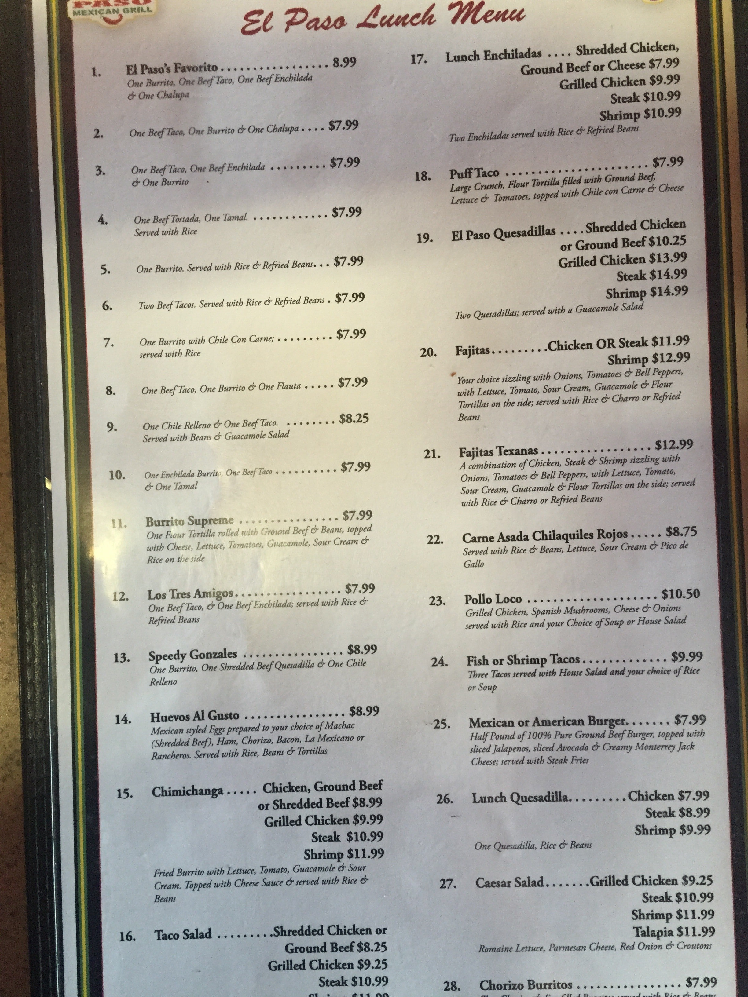 Menu at El Paso restaurant, Crowley