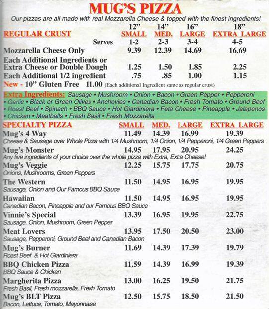 Mug's Menu, Menu for Mug's, Arlington Heights, Chicago Urbanspoon/Zomato