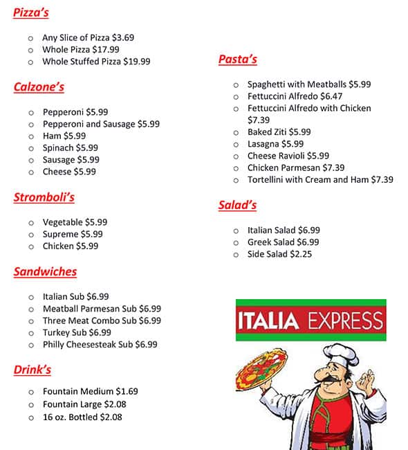 Menu at Italia Express restaurant, Dallas, 111 Continental Ave 300