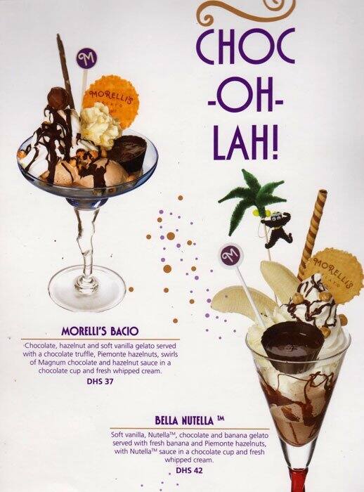 Morelli's Gelato Menu, Menu for Morelli's Gelato, Jumeirah Beach