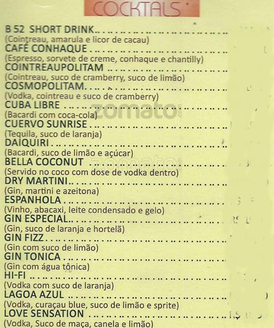 Bella Sauípe cardápio