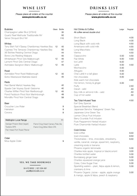 Menu at Picnic Cafe, Wellington