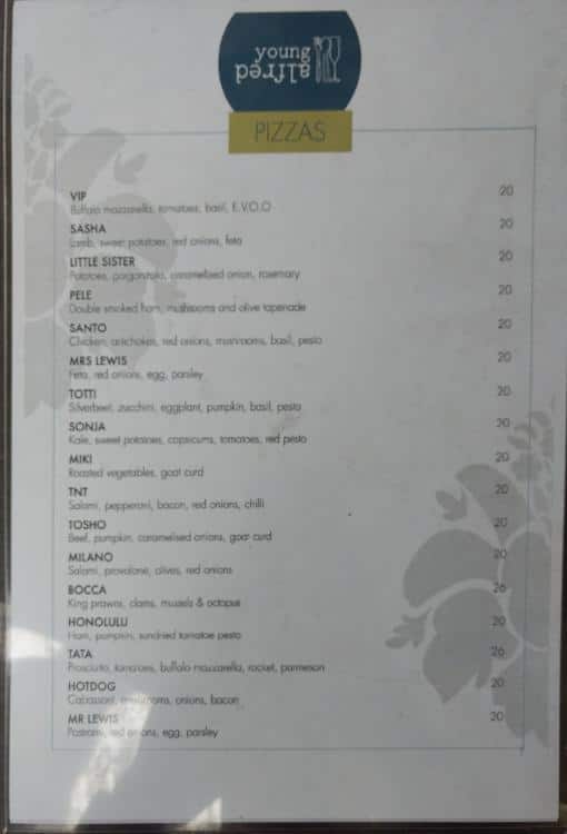 Young Alfred Menu, Menu for Young Alfred, Circular Quay, Sydney