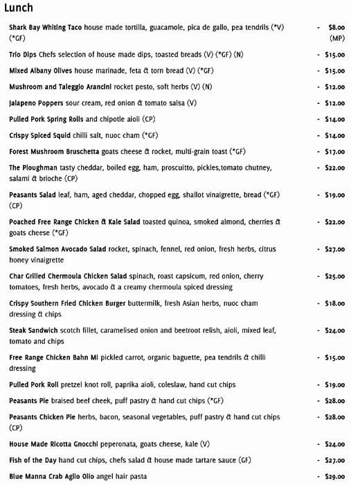 Menu at The Peasant's Table cafe, Mount Hawthorn