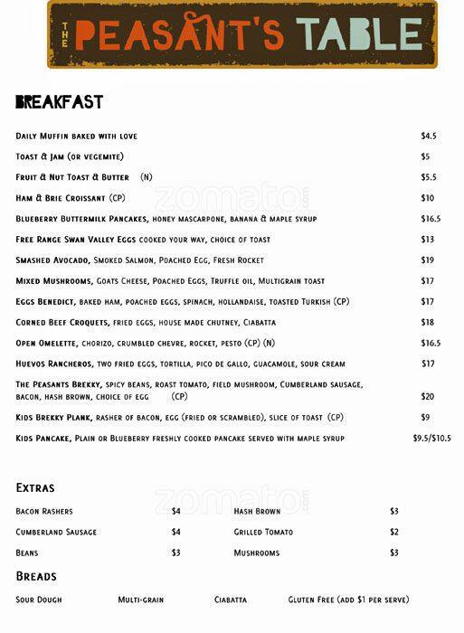 The Peasant's Table Menu, Menu for The Peasant's Table, Mount Hawthorn