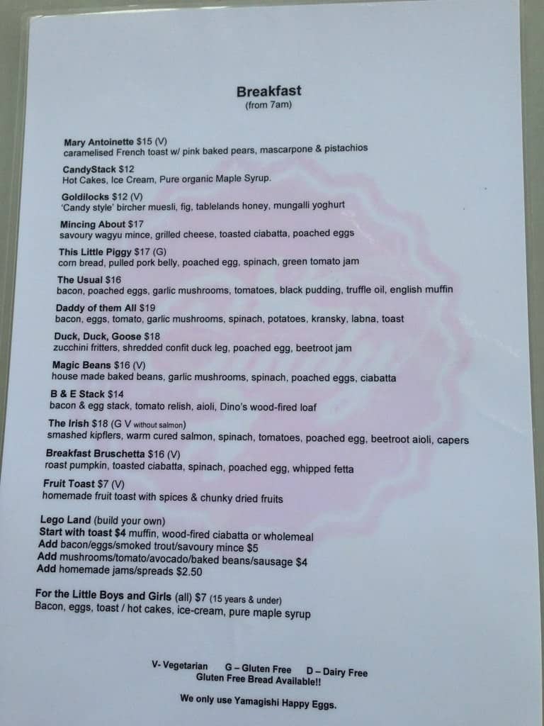 Menu at Candy Cafe Bar, Cairns