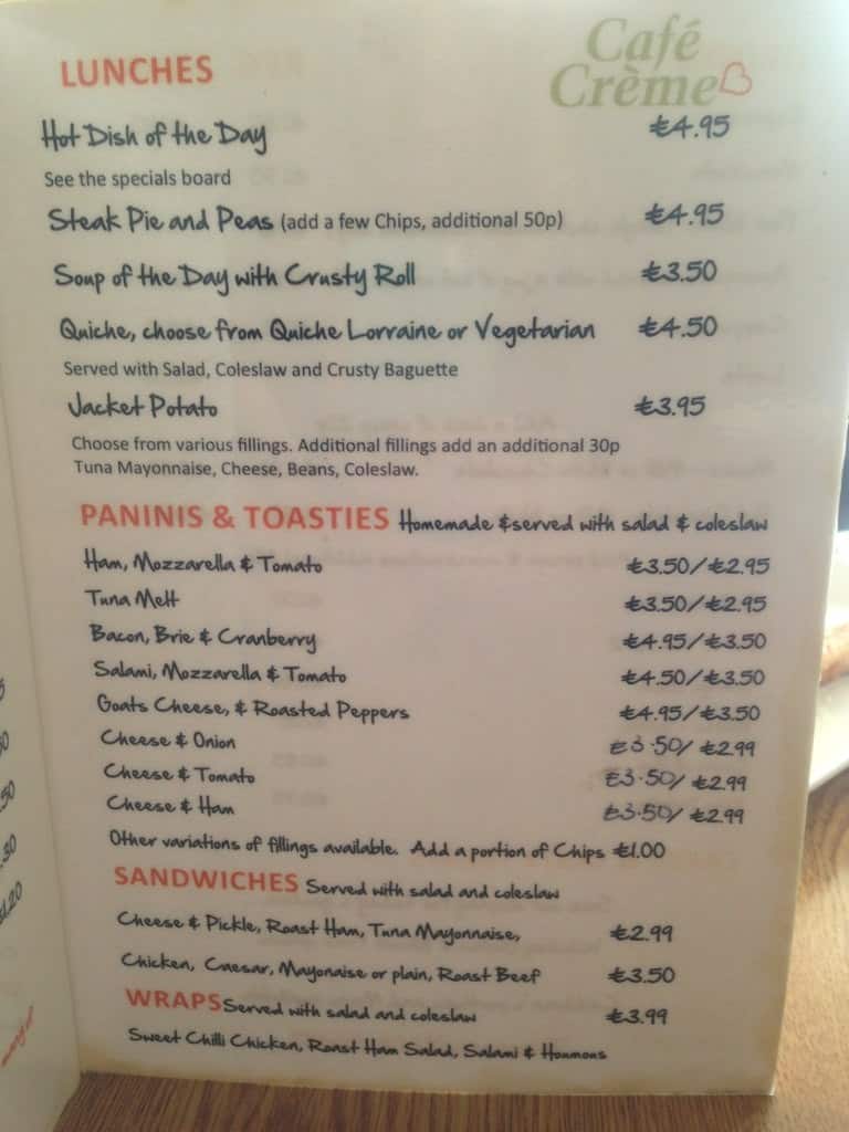 Menu at Cafe Creme, Sheffield