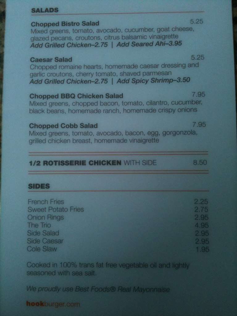 Menu at Hook Burger restaurant, Burbank