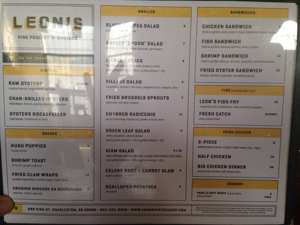 Leon's Oyster Shop Menu, Menu for Leon's Oyster Shop, Peninsular Charleston, Charleston