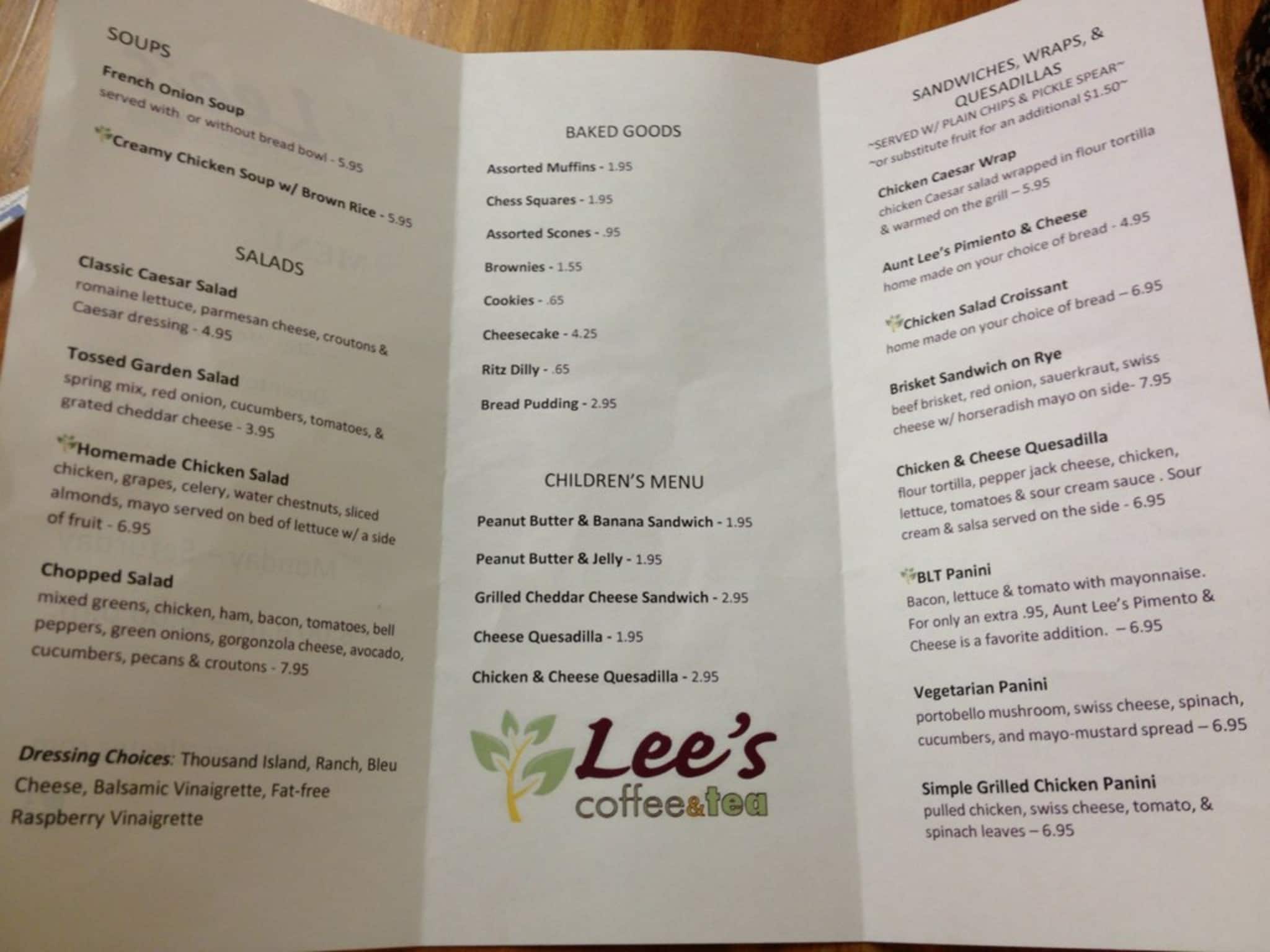 Menu at Lee's Coffee & Tea cafe, Laurel
