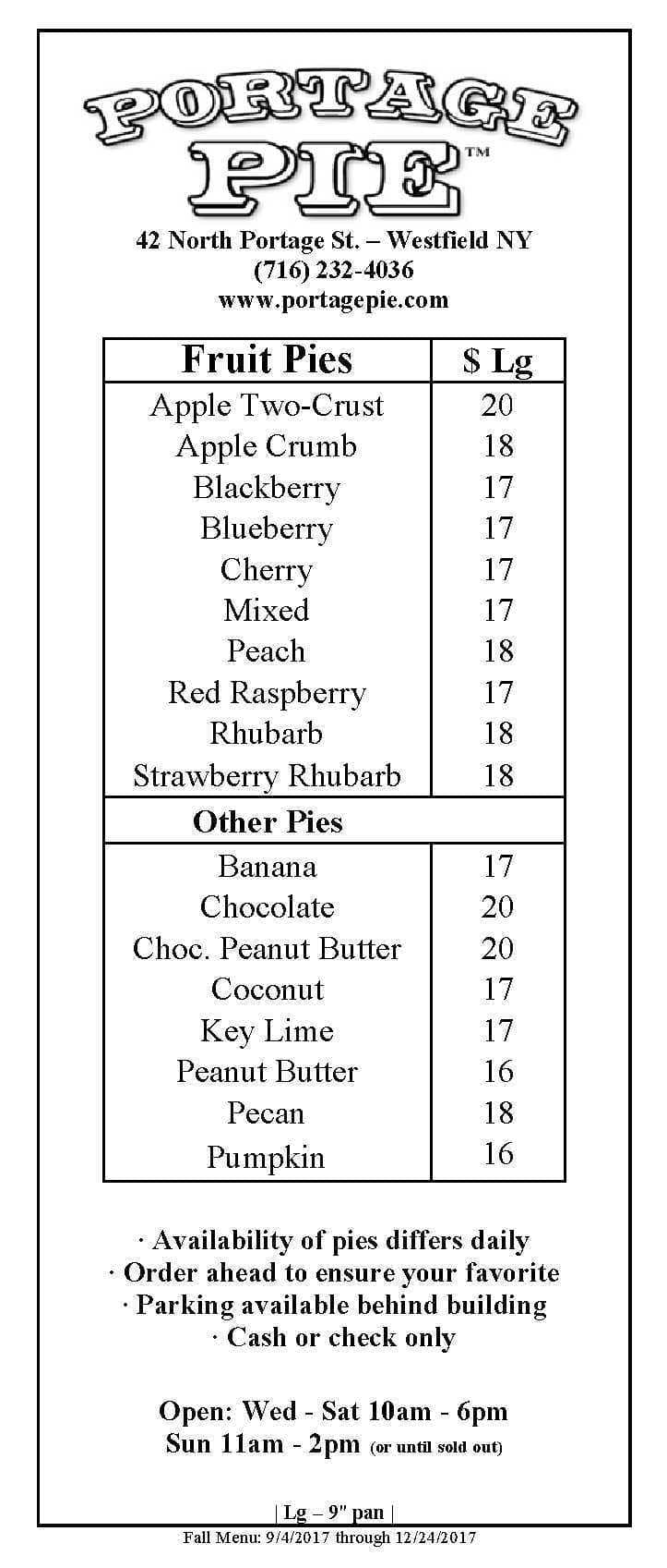 Menu at Portage Pie desserts, Westfield