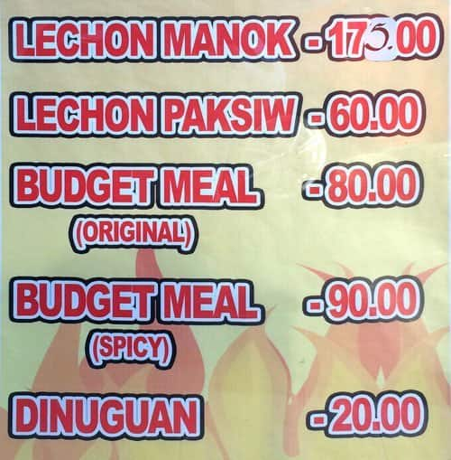 Menu at Tess Lechon restaurant, Lapu-Lapu City, Lopez - Jaena St