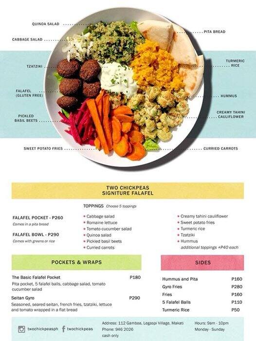 Two Chickpeas Menu, Menu for Two Chickpeas, Legaspi Village, Makati
