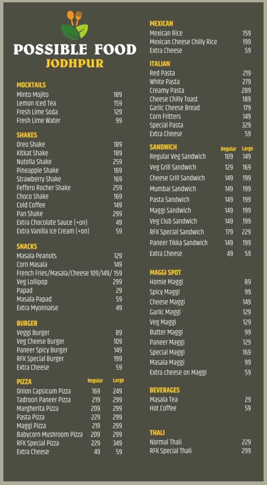 Menu of Possible Food Jodhpur, Paota, Jodhpur
