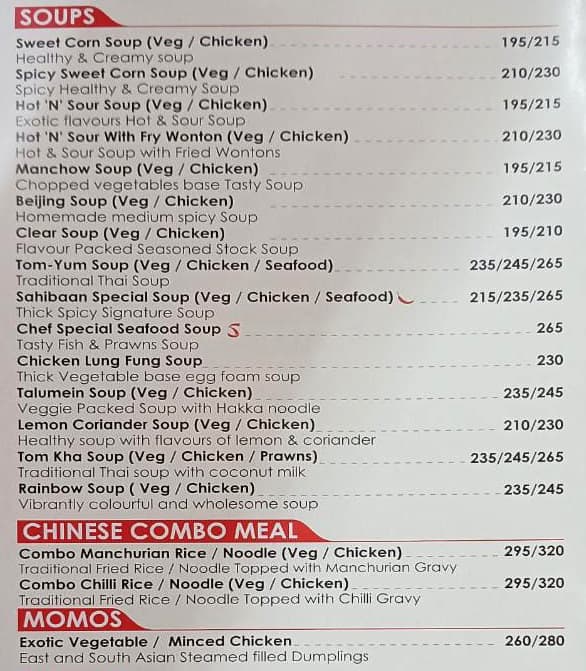Sahibaan Oriental and Indian Restaurant menu