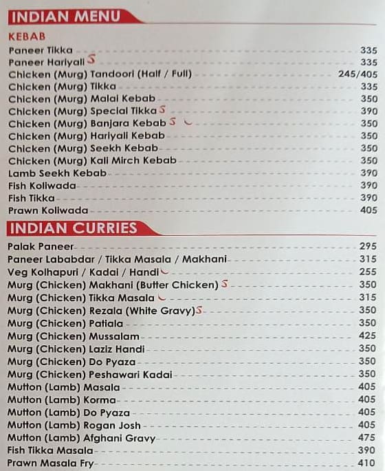 Sahibaan Oriental and Indian Restaurant menu