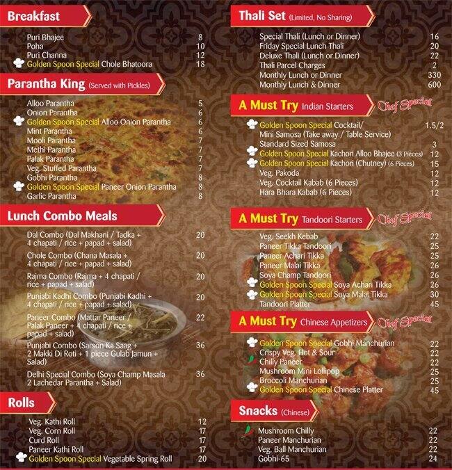 Golden Spoon Vegetarian Restaurant menu Zomato