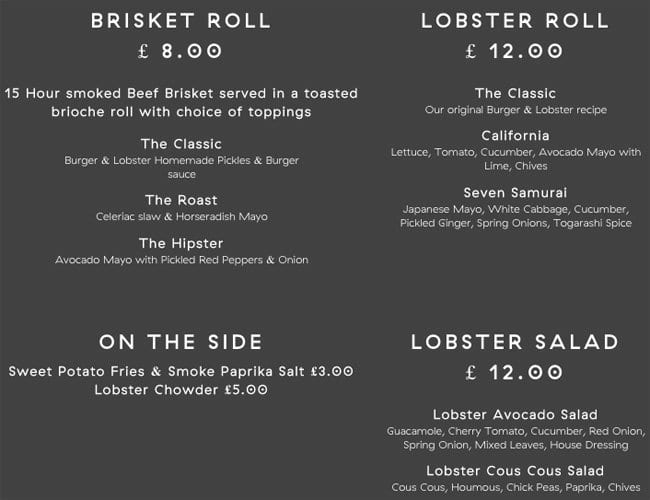 Smack Lobster Roll Menu, Menu de Smack Lobster Roll, Soho, London