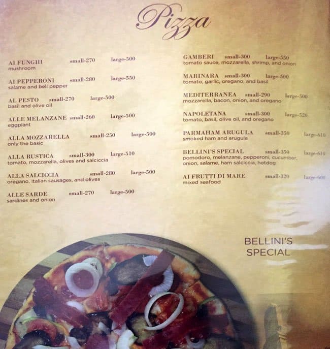 Menu for Bellini's, Cubao, Quezon City