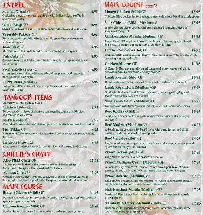 Menu at Chillies Indian Restaurant, Hectorville