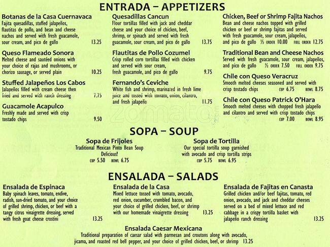 Fernando's Mexican Cuisine menu