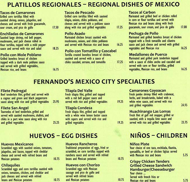 Fernando's Mexican Cuisine menu