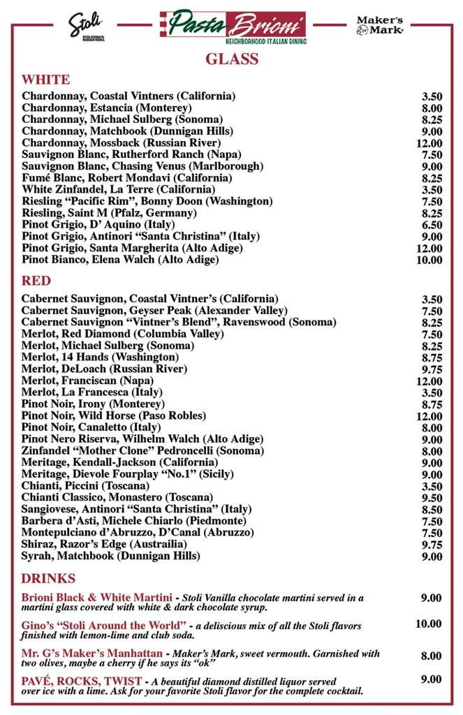 Menu at Pasta Brioni pub & bar, Scottsdale, N Miller Rd