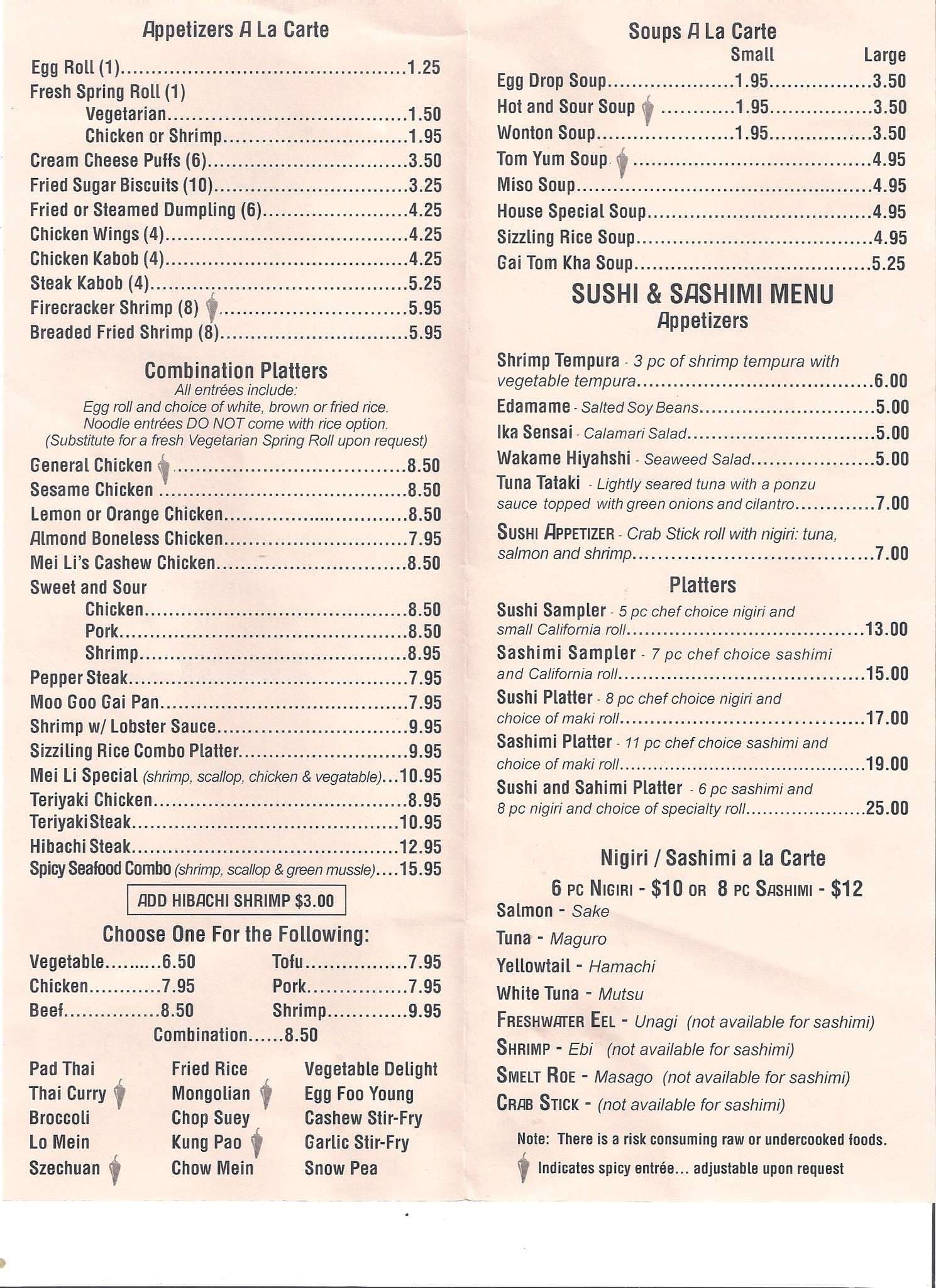 Menu at Mei Li restaurant, Eureka Springs