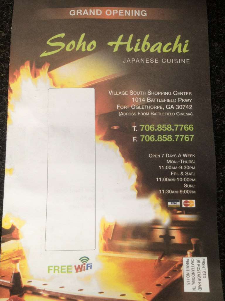 Menu at Soho Hibachi restaurant, Fort Oglethorpe