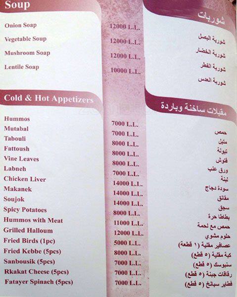 Carta de La Citta Cafe, Downtown Beirut