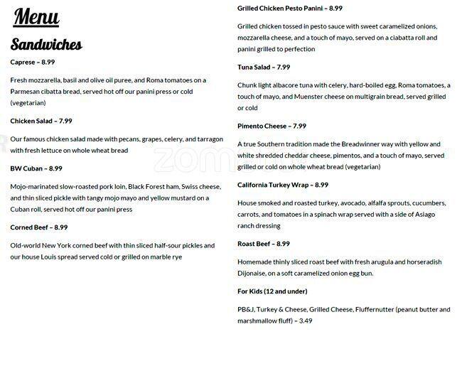 Breadwinner Cafe and Bakery Menu Urbanspoon/Zomato