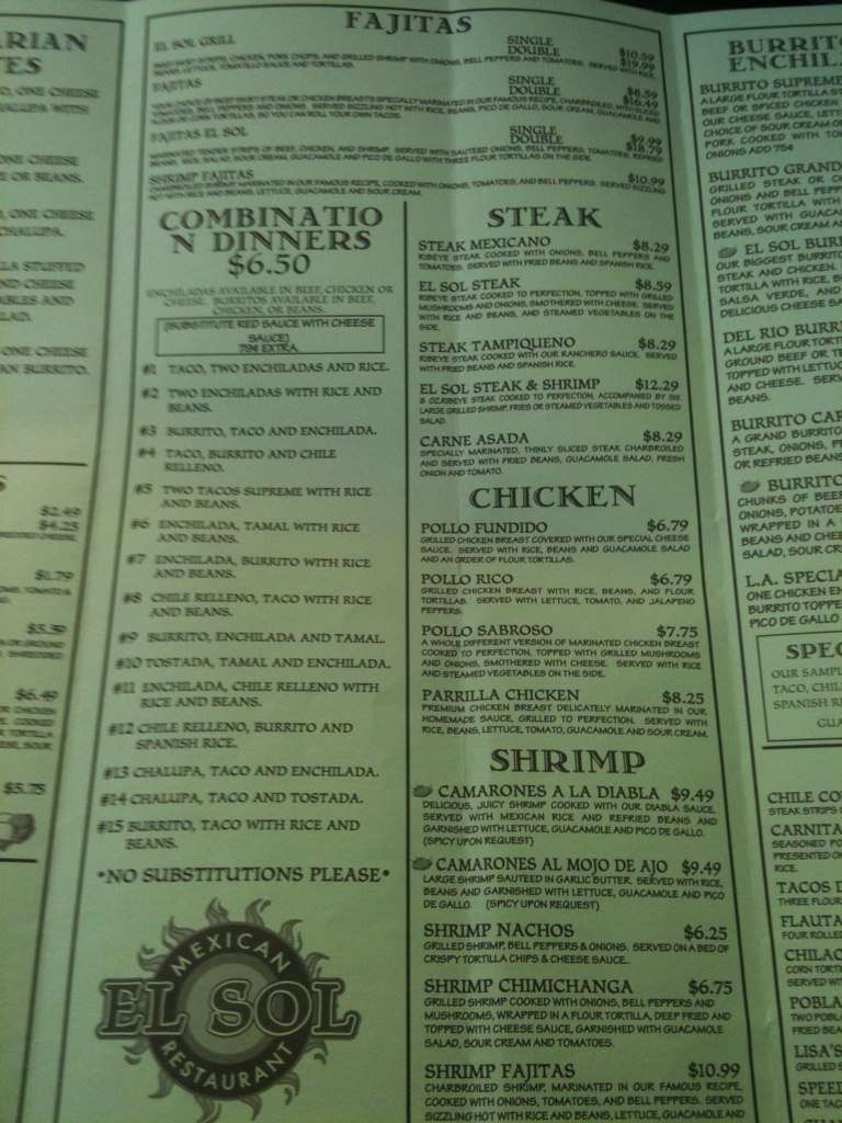 Menu at El Sol restaurant, Pine Bluff